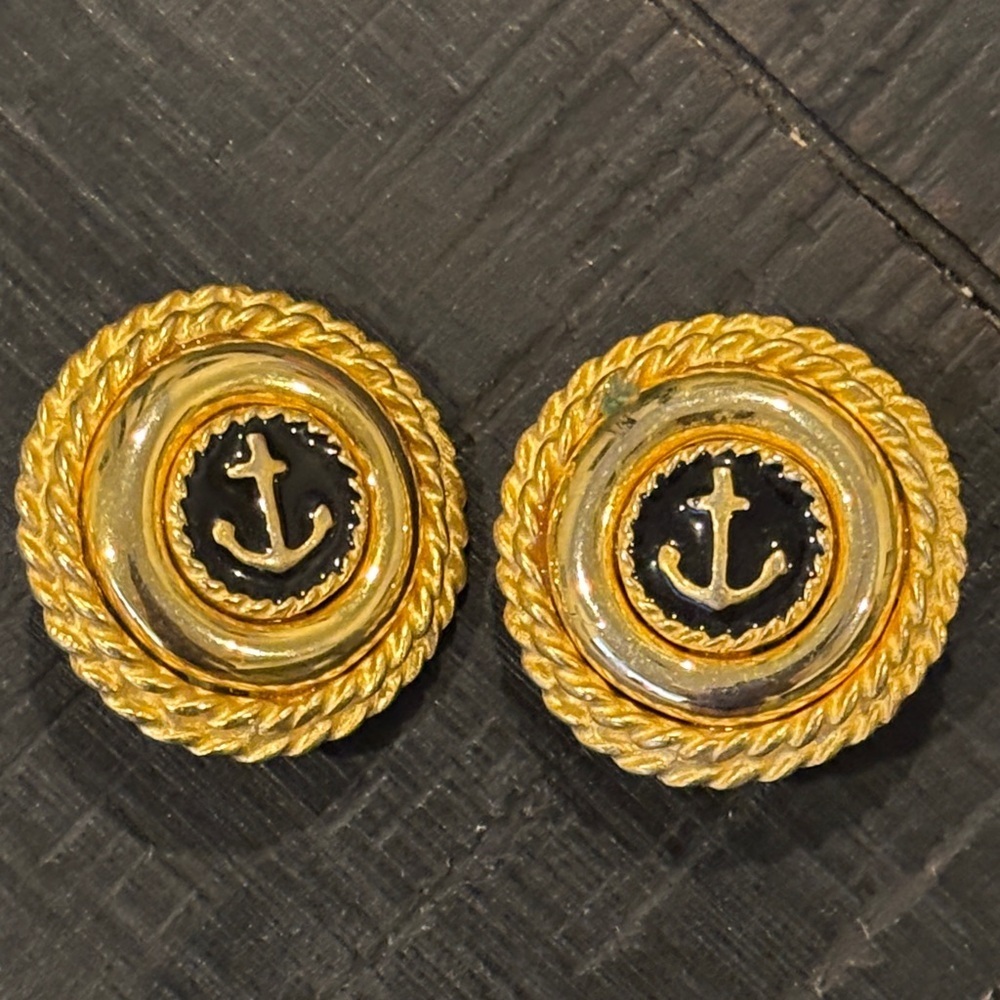 Investments Gold Tone Enamel Anchor Rope Signed Vintage Clip-On Earrings